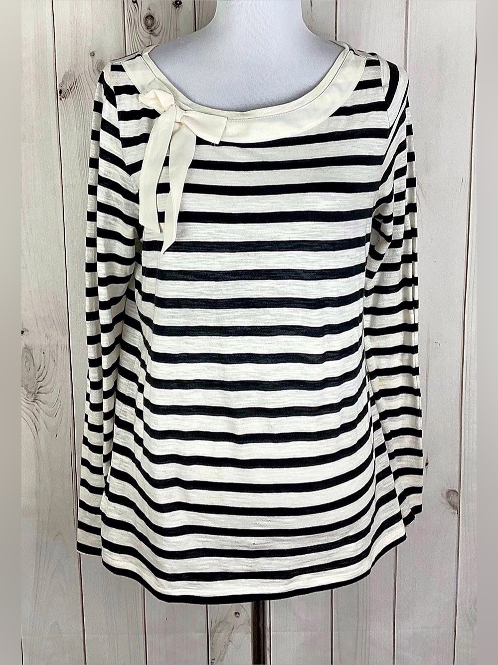 Ann Taylor Loft Knit Top Women Size L Black Ivory Striped 100% Cotton Bow Accent